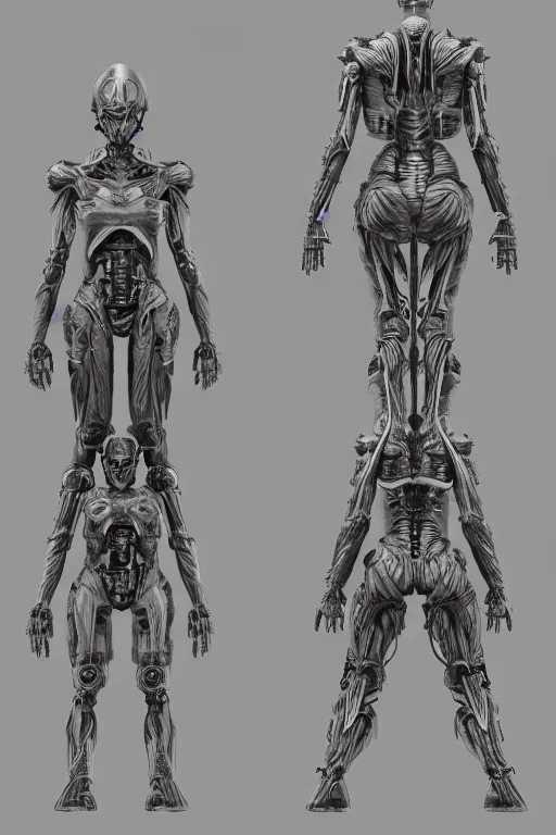 Image similar to andriod orisha god with gunmetal grey skin, medical anatomy, very symmetrical face, highly detailed, japanese mecha, three - perspective / three - view reference sheet ( front / back / side ), in the style of dan ouellette, dren from splice, hr giger, sil from species, artstation, unreal engine