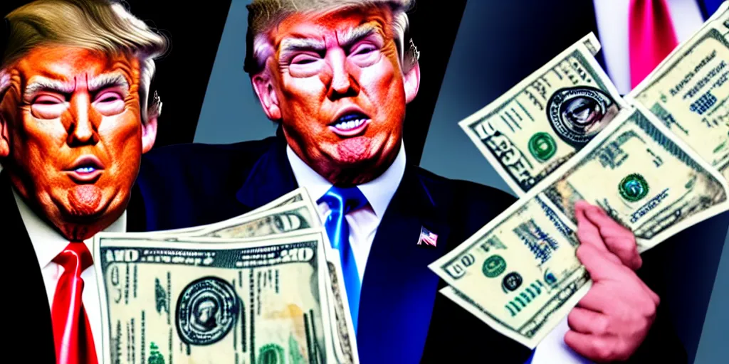 Prompt: donald trump stealing top secret information while stuffing thousand dollar bills in to his pants