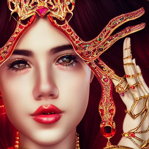 Image similar to photograph of wonderful princess with smooth fair skin, alluring eyes, red jewelry, breathtaking, elegant, ornate, intricate, hyper detailed, accent lighting, dramatic light, 4 k octane render