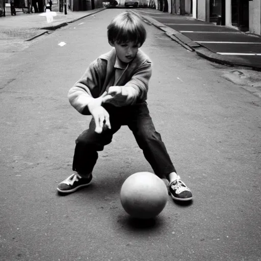 Image similar to a boy playing with a ball in the street vintage style