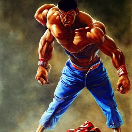 Prompt: ultra realistic painting of forest gump as ryu from street fighter, art by frank frazetta, 4 k, ultra realistic, highly detailed, epic lighting