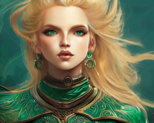 Prompt: A blonde emerald warrior, HD, illustration, epic, fantasy, intricate, elegant, amazing detail, digital painting, artstation, concept art, smooth, sharp focus, illustration, art by Turine Tran