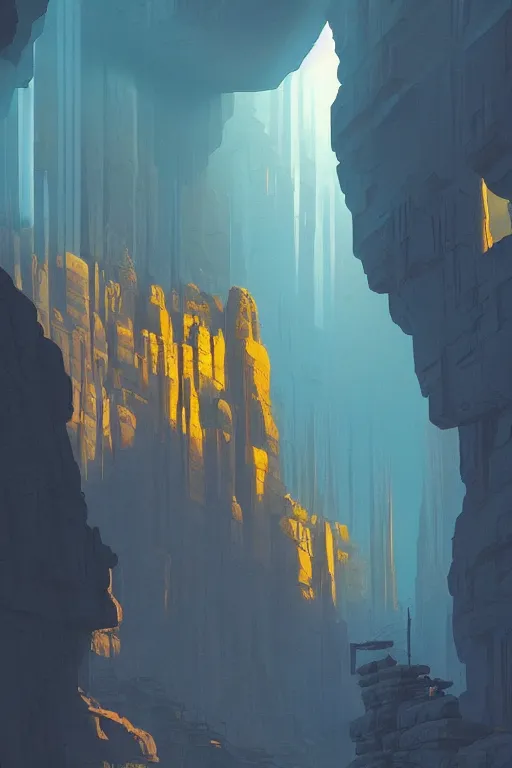 Prompt: ancient temple glowing yellow in a canyon, light streaks in a blue sky, dramatic lighting, artstation, matte painting, ralph mcquarrie, simon stalenhag