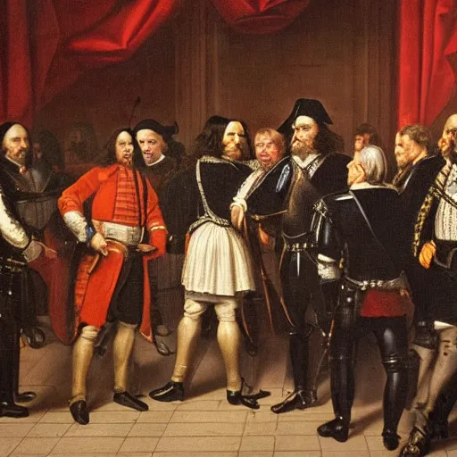 Image similar to Oliver Cromwell being arrested in Parliament by King Charles I painting 4K details