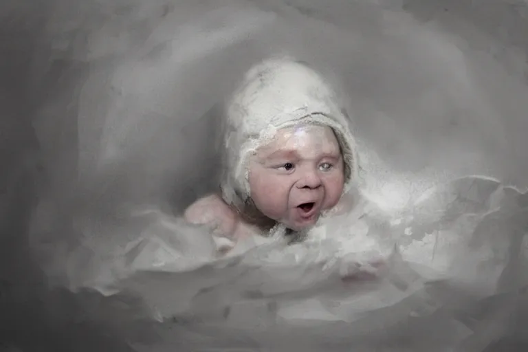 Image similar to concept art of a squealing white baby. by ashley wood and j. m. w. turner, speed painting, photo bash, cinematic angle, super detailing,