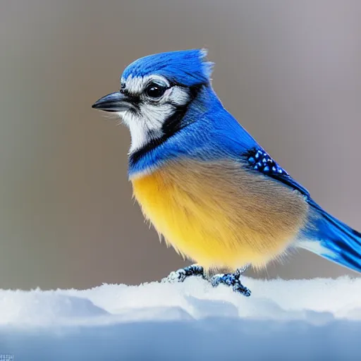 Prompt: the smallest most cutest most adorable little bluejay ever known or seen playing in a pile of snow during winter outside the window and trending on art station, stylized painting, high resolution, real life, photograph, photorealistic