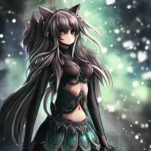 Prompt: portrait focus of knight beautiful 3D anime girl, cat armor wearing, dark forest background, snowing, bokeh, inspired by Masami Kurumada, digital painting, high contrast, unreal engine render, volumetric lighting, high détail