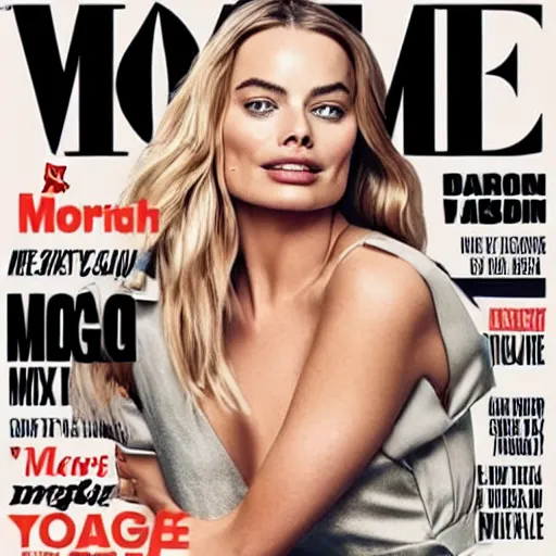Prompt: margot robbie in a work dress on the cover of maxim magazine.