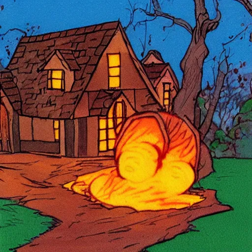 Image similar to winnie the pooh lighting a house on fire, in the style of winnie the pooh