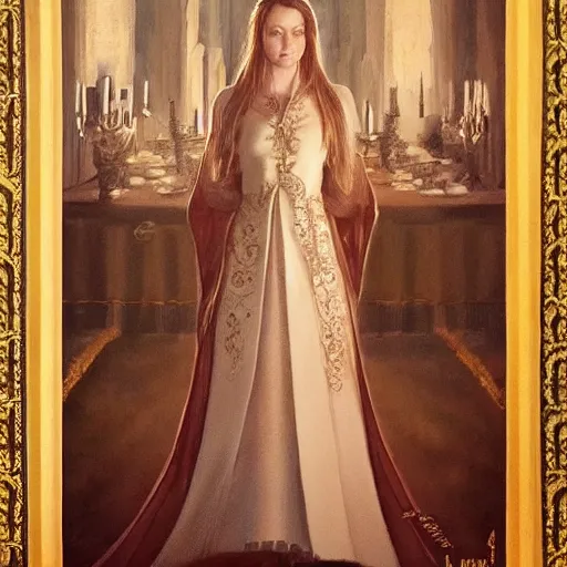 Prompt: Princess at a royal banquet, elegant dress, intricate, matte, 8K, warm lighting, large staircase, royalty, ultra detail, medieval-fantasy, concept art, cinematic, art by Leesha Hannigan and Greg Rutkowski, beautiful face, high detailed facial features, masterpiece, award-winning