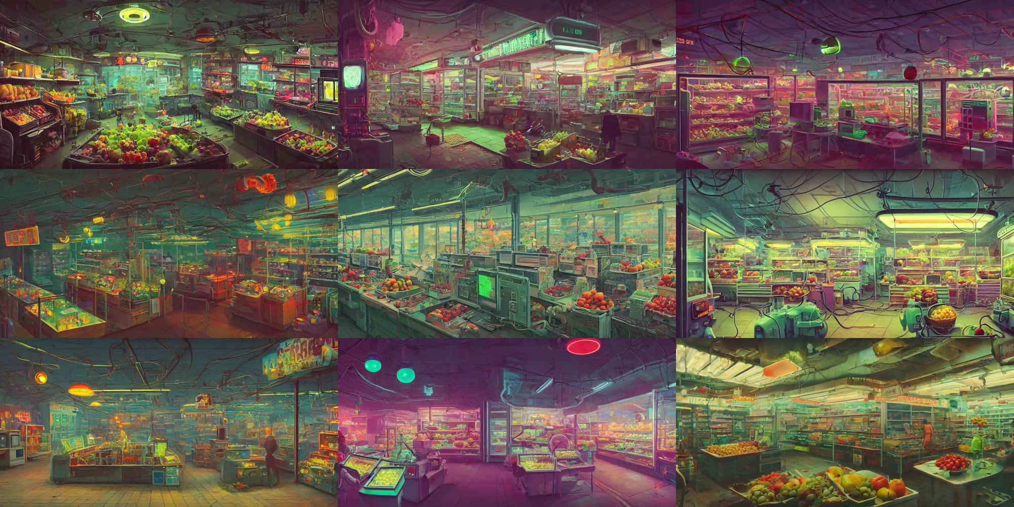 Prompt: fruit store, retrofuturism, cluttered, wires everywhere, computer, window, at night, lit only by the luminescent computer screen, dramatic lighting, alien technology, detailed by simon stalenhag