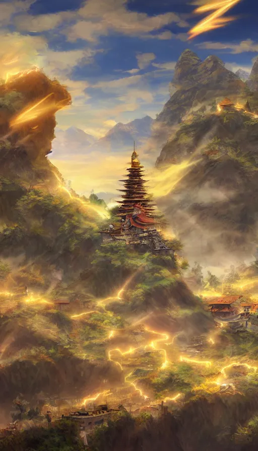 Image similar to magical shop on a hill, sharp focus, the last air bender, cinematic, game art, extremely detailed digital painting