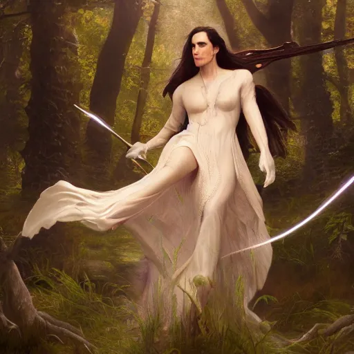 Image similar to A beautiful detailed painting of jennifer connelly as a female angel warrior, floating in a magical forest, ray traced sun light, by john sargent and Kalin Popov , Trending on artstation HD.