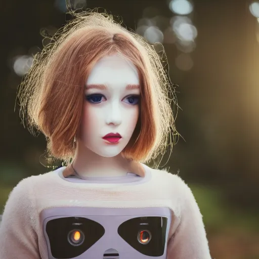 Image similar to , ahair robot half human girl dresses herself in fabric, 5 0 mm lens, f 1. 4, sharp focus, ethereal, emotionally evoking, head in focus, volumetric lighting, blur dreamy outdoor,