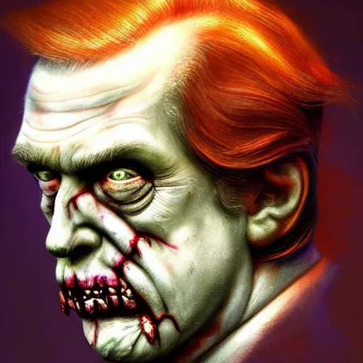 Image similar to side portrait of donald j. trump as a zombie, 7 days to die zombie, chalky style, fine art, soft light, award winning, subtle colors, intricate, elegant, sharp focus, cinematic lighting, digital painting, 8 k concept art, art by michael hussar, art by brom, art by z. w. gu, 8 k
