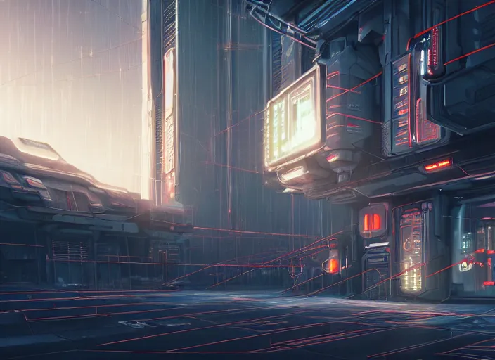 Image similar to exterior of scifi temple, machines, architecture, cult of artificial intelligence, ultra realistic, gaming computers, highly detailed, atmosphere, masterpiece, concept art, glowing wires, transparent objects, cyberpunk, highlighted, 4 k, cinematic, art by patryk olkiewicz and chris ostrowski and liang yao