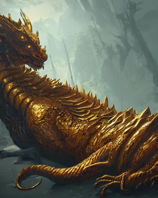 Image similar to A golden dragon resting, tiger skin, highly detailed, fantasy art, monster art, in the style of greg rutkowski, illustration, epic, fantasy, intricate, hyper detailed, artstation, concept art, smooth, sharp focus, ray tracing