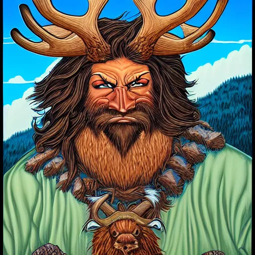 Image similar to hairy barbarian with moose head by dan mumford and julie bell