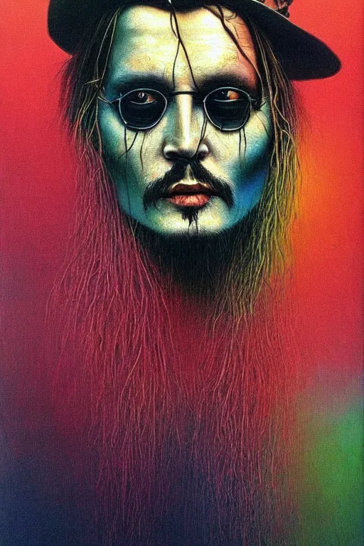 Prompt: portrait of johnny depp colourful shiny beautiful harmony painting by zdzisław beksinski