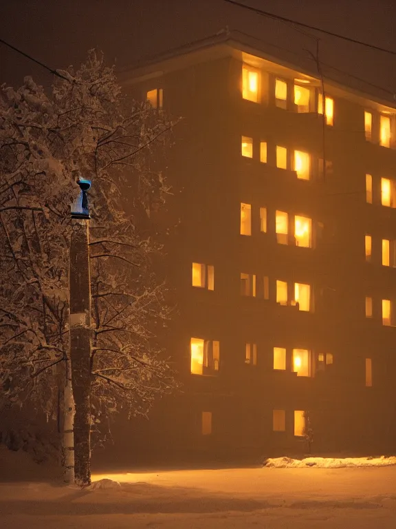 Prompt: film still of small soviet residential building in residential suburb area, lights are on in the windows, deep dark night, cozy atmosphere, cold winter, snowing, streetlamps with orange light, volumetric light, several birches nearby, elderly people stand at the entrance to the building, mega detailed