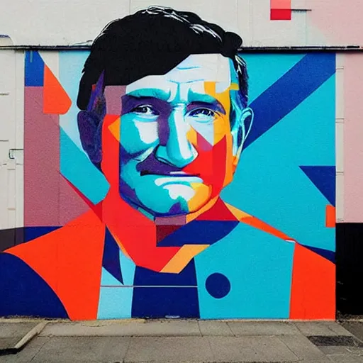 Image similar to robin williams street art mural by sachin teng x supreme : 1 high contrast, hard edges, matte painting, geometric shapes, masterpiece : 1