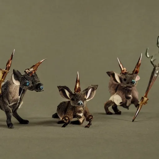 Image similar to a band of little horned creatures with weapons and nets and traps looking menacingly