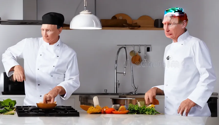 Prompt: vladimir putin in white apron in kitchen cooking dinner. stock photo, high key lighting, photograph