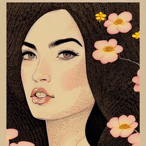 Prompt: “ megan fox portrait by ikenaga yasunari and ayana otake and ko rakusui, 6 0 s poster, drawing, realistic, sharp focus, japanese, dreamy, nostalgia, faded, golden hues, floral clothes, porcelain skin ”