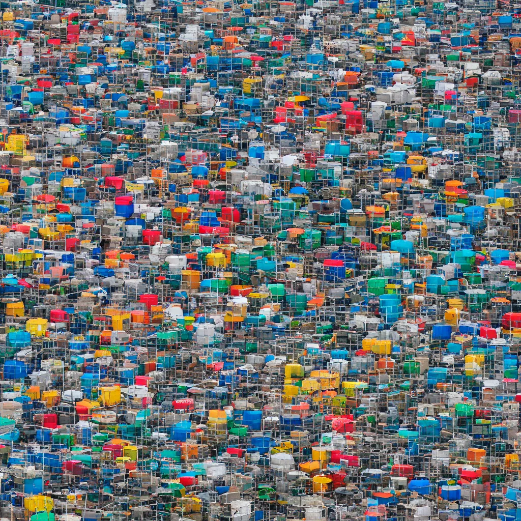 Image similar to a short circular tower, made up of colourful makeshift squatter shacks, vertical blank spaces, dystopia, sony a 7 r 3, f 1 1, fully frontal view, photographed by jeanette hagglund