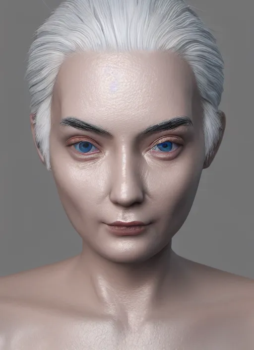 Image similar to 3 d render, hyper detailed, realistic female face and shoulders, white skin made from painted porcelain, white hair, fine facial features, white eyes and eyelashes, 8 k, 1 5 0 ml lens, elegant, white background pastel blue lighting, octane render, volumetric lighting,