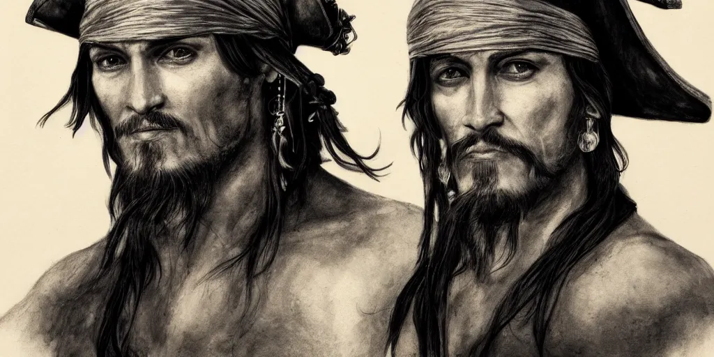 Prompt: realistic portrait of a handsome pirate with black hair, 1450, ink, ultra realistic, 8k