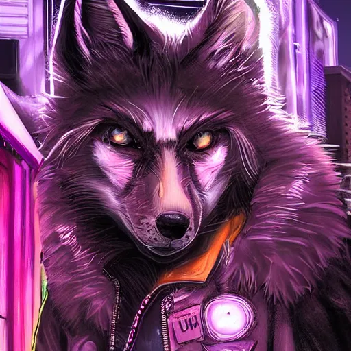 Image similar to beautiful furry art portrait commission of an androgynous furry anthro wolf fursona wearing punk clothes in the streets of a cyberpunk city at night in the snow. neon signs. character design by rick griffin, miles df, smileeeeeee, charlie bowater, ross tran, detailed, inked, western comic book art