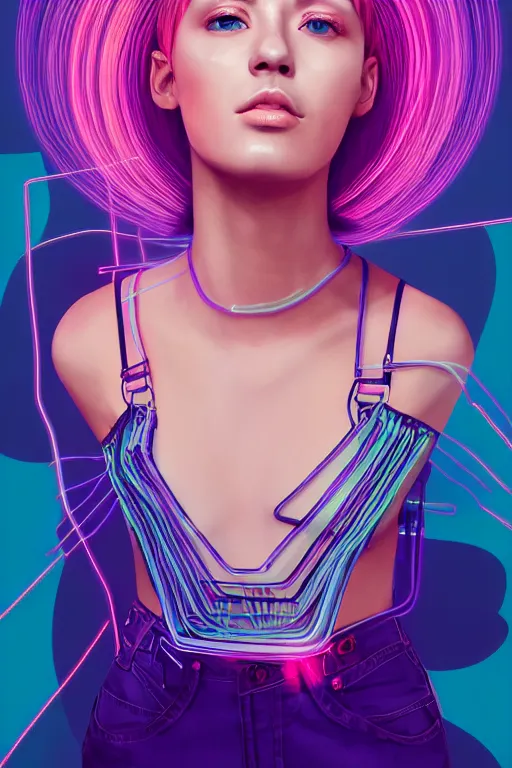 Image similar to a award winning half body portrait of a beautiful woman with stunning eyes in a croptop and cargo pants with ombre purple pink teal hairstyle and hands in pockets by thomas danthony, surrounded by whirling illuminated lines, outrun, vaporware, shaded flat illustration, digital art, trending on artstation, highly detailed, fine detail, intricate