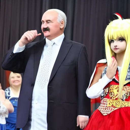 Prompt: alexander lukashenko wearing blonde longhaired wig in kawaii cosplay dress,