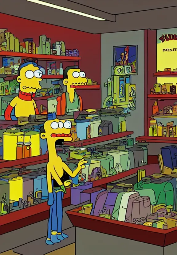 Image similar to a character from the show futurama in a shop, looking at camera, extremely detailed, sci - fi illustration, art by matt groening, futurama animation artstyle