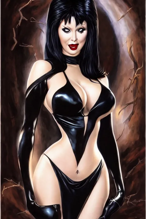 Image similar to a ( beautiful masterpiece highly detailed ) full body portrait illustration of intimate alluring elvira! mistress of the dark by ralph horsely and artgerm and joe jusko, raven black hair, porcelain white skin. betty page, curvy. trending on artstation