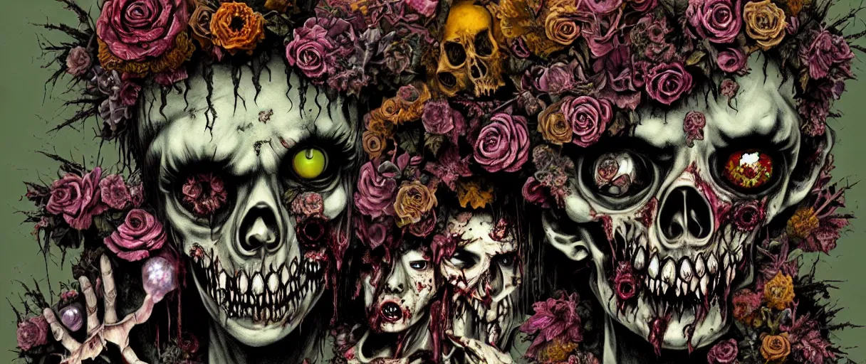 Image similar to zombie, punk rock, young male, grotesque, grotto, multicolored faces, fruit and flowers, gemstones for eyes, botanical, vanitas, sculptural, cartoon style, baroque, rococo, intricate detail, spiral, ornamental, kaleidoscopic, soft, atmospheric, frank frazetta