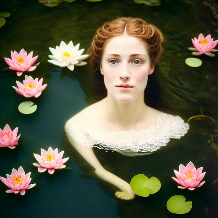 Image similar to Kodak Portra 400, 8K, soft light, volumetric lighting, highly detailed, britt marling style 3/4 ,view from above of close-up portrait photo of a beautiful woman how pre-Raphaelites painter, above water, part of the face is emerging of a pond with water lilies, , she has a beautiful lace dress and hair are intricate with highly detailed realistic beautiful flowers , Realistic, Refined, Highly Detailed, natural outdoor soft pastel lighting colors scheme, outdoor fine art photography, Hyper realistic, photo realistic,warm lighting,