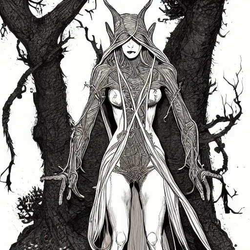 Prompt: full elven witch, intricate, veins, by Hugo pratt, ultradetailed, trending on artstation,