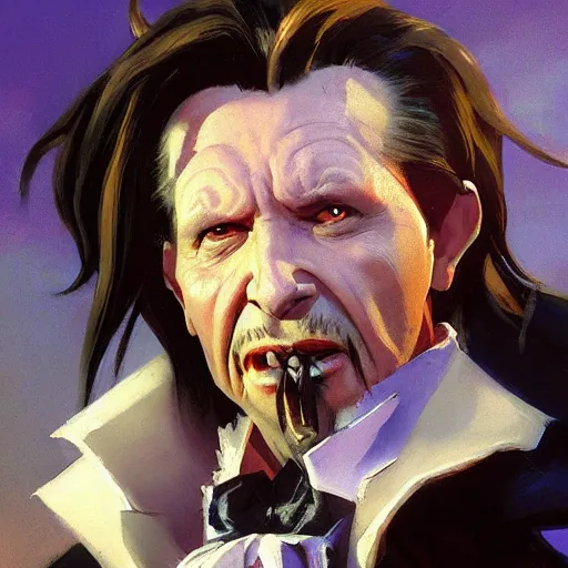 Prompt: greg manchess painting of gary oldman's dracula as an overwatch character, profile picture, matte painting, bold shapes, hard edges, street art, trending on artstation, by huang guangjian and gil elvgren and sachin teng