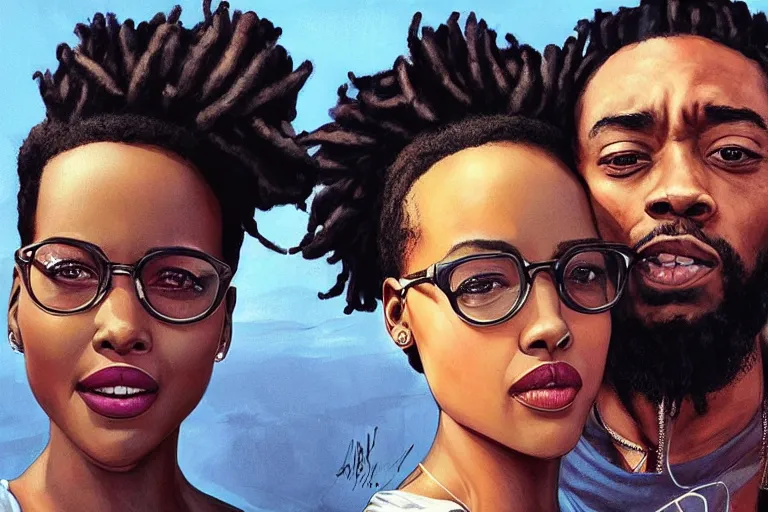 Image similar to a south african girl with medium length dreadlock hair, and a short - bearded mixed race man with short curly hair, in love selfie, lupita nyong'o, chadwick aaron boseman, artgerm, rhads, ross draws