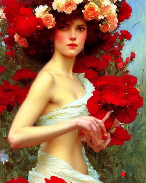 Image similar to an attractive girl wearing a red dress and surrounded by flowers. highly detailed painting by gaston bussiere, craig mullins, j. c. leyendecker 8 k