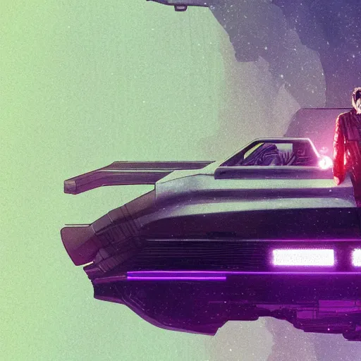 Image similar to Ridley Scott as the Rick Deckard, Ridley Scott in a Bladerunner car, ambient lighting, 4k, anime key visual, lois van baarle, ilya kuvshinov, rossdraws, artstation