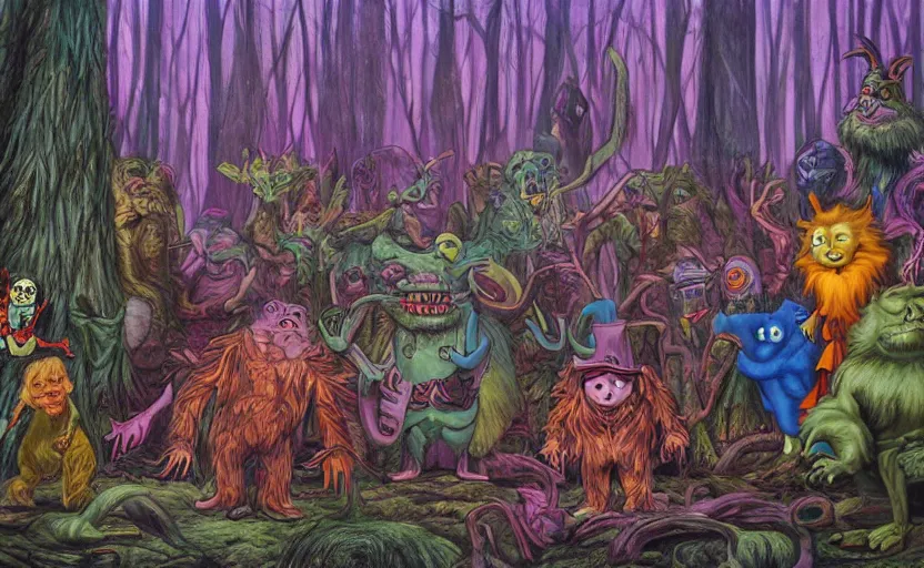 Image similar to a scene of colorful cartoon monsters in the clearing of a dark fantasy forest surrounded by darkness. hyperrealist illustration. muted colors. 1 9 7 0's pulp science fiction and fantasy cartoon for alice in wonderland and wizard of oz. highly detailed and richly colored painting by don ivan punchatz