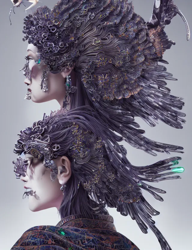 Image similar to 3 d goddess in robe close - up profile portrait with ram skull. beautiful intricately detailed japanese crow kitsune mask and clasical japanese kimono. betta fish, jellyfish phoenix, bio luminescent, plasma, ice, water, wind, creature, artwork by tooth wu and wlop and beeple and greg rutkowski