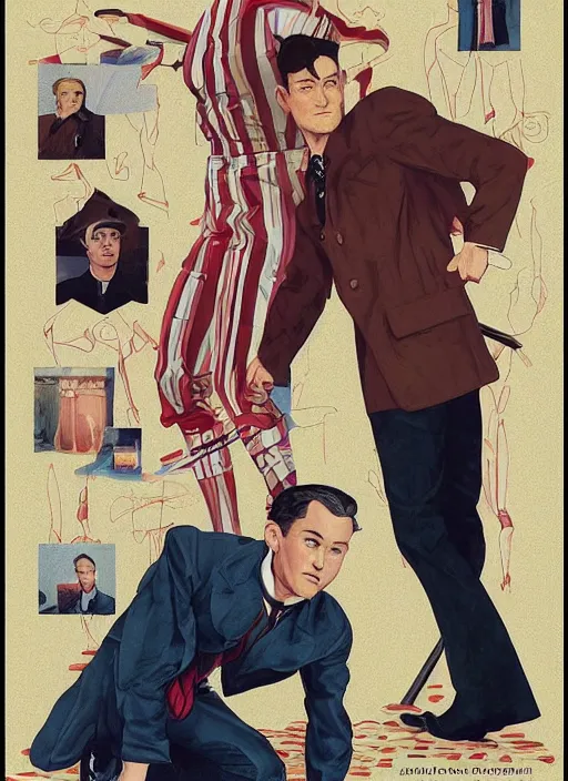 Image similar to joseph gordon - levitt joseph gordon - levitt!!!, joseph gordon - levitt jgl josephgordonlevitt wearing a 1 9 2 0 s red striped outfit, from scene from twin peaks by michael whelan, tomer hanuka, rossetti bouguereau, artgerm, retro, nostalgic, old fashioned