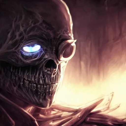 Image similar to photorealistic dark fantasy concept art of nightmare sans with his eye glowing, dynamic lighting, stunning visuals, ray tracing, beautiful scenery, cinematic, full body portrait, ultra detailed, hyper detail, stunning detail