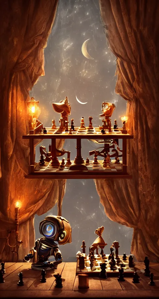 Prompt: a beautiful tapestry, a small robot playing chess, ultra detailed, subtle atmospheric lighting, shadows, night time, moon light shining through a window, steampunk, moody, candles, characters from machinarium, by don bluth, trending on artstation, octane render, 8 k, ultra realistic