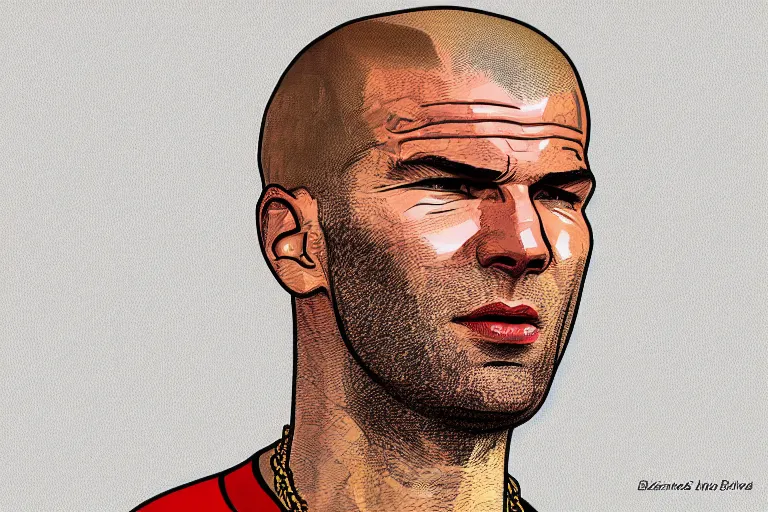 Image similar to illustration of zinedine zidane in a gta waiting screen, gold chain, los angeles, by stephen bliss