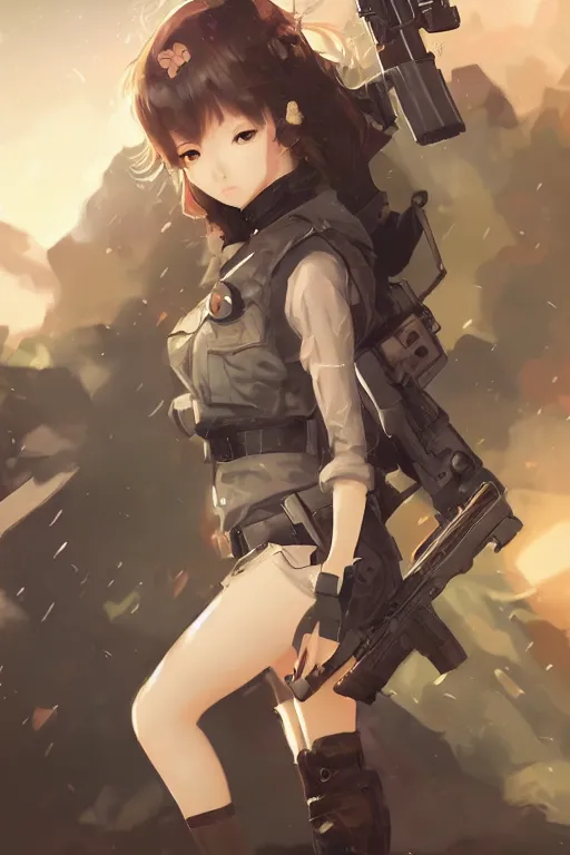 Image similar to cute girl wearing a gun, by wlop, rain, poster, anime key visual, artstation